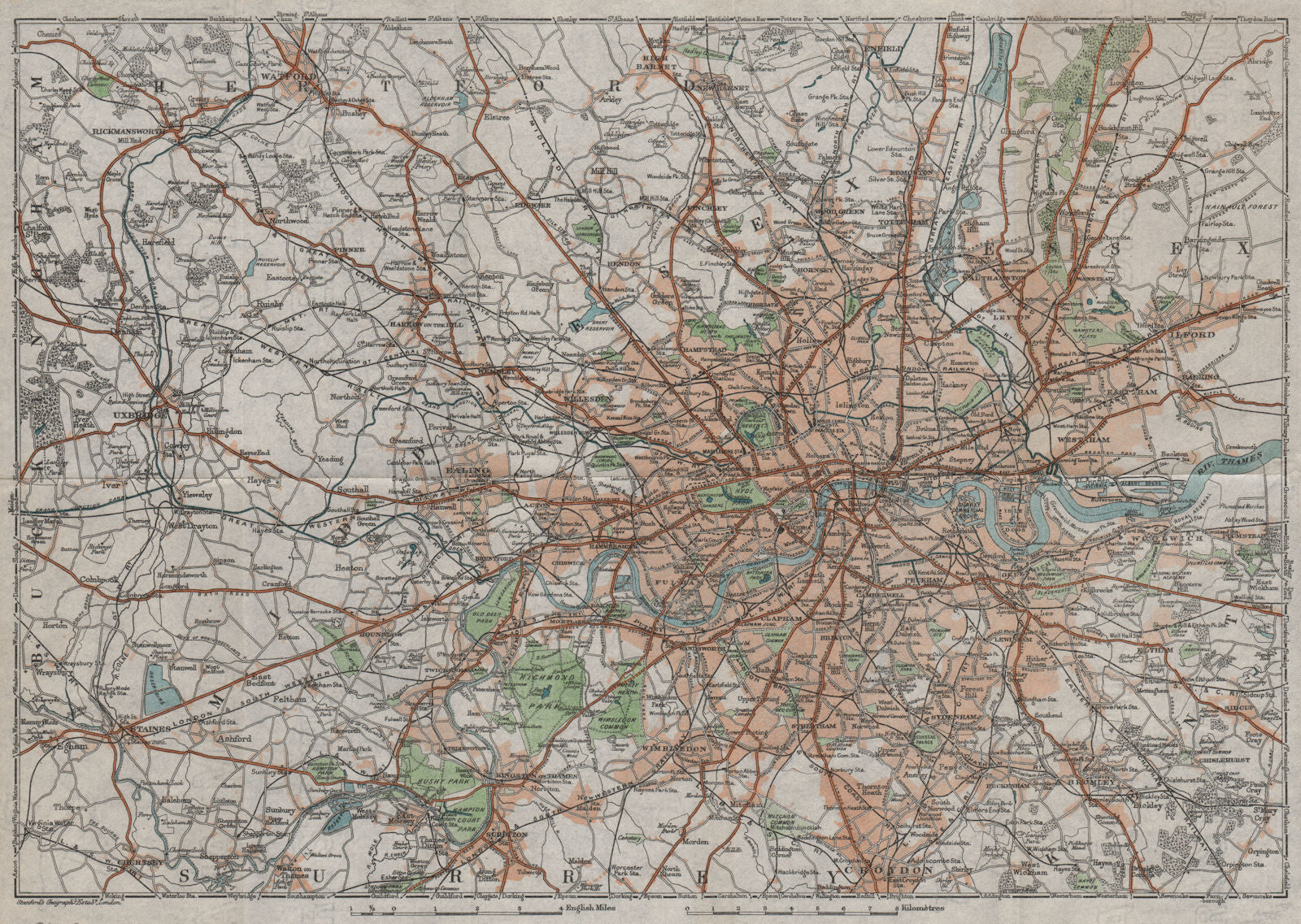 GREATER LONDON. Vintage map plan. Railways roads 1922 old antique chart